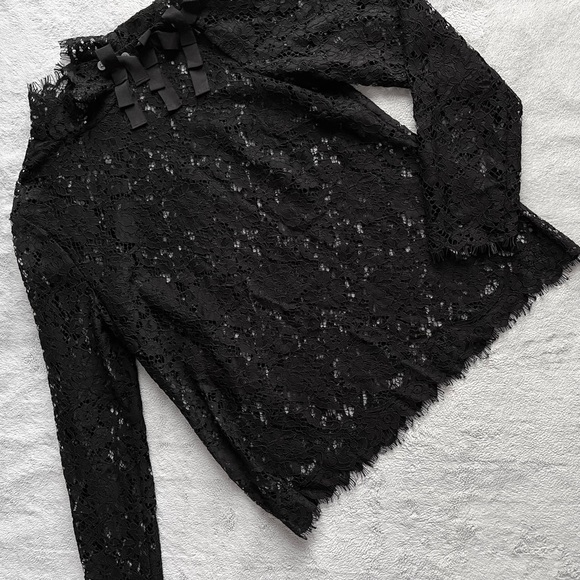 J. Crew Tops - J. Crew Mockneck Floral Lace Eyelash Hem Bow Accent Top Black Sz 8